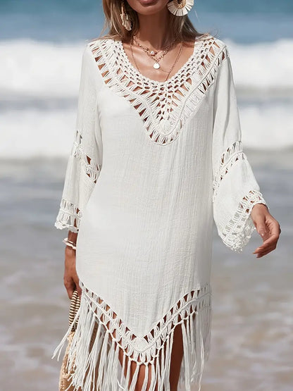 Arielle - Boho-Strandkleid mit Makramee-Fransen und V-Ausschnitt
