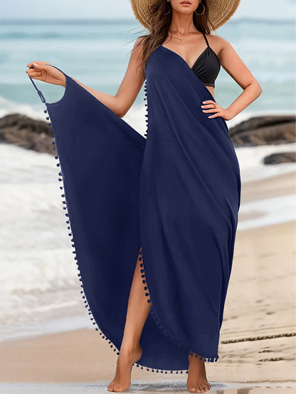 Emma | Einfarbiges Maxi-Strandkleid mit Pom-Pom-Dekor und V-Ausschnitt
