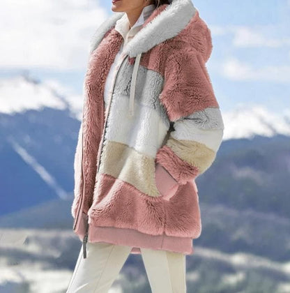 Winterjacke aus Plüsch mit Colorblock-Kapuze und Taschen
