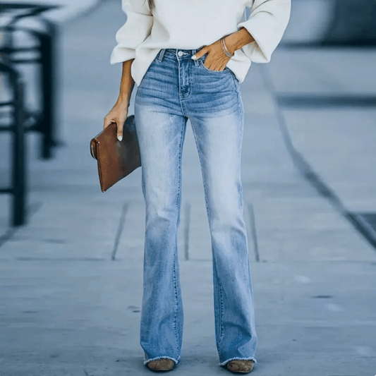 Damen Flared Jeans hoch tailliert lässige Hosen - trendige hellblaue Bootcut & Flared Stil