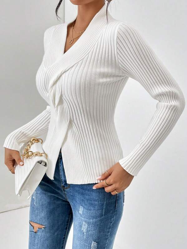 Élise | Weiße V-Ausschnitt Pullover mit langen Ärmeln