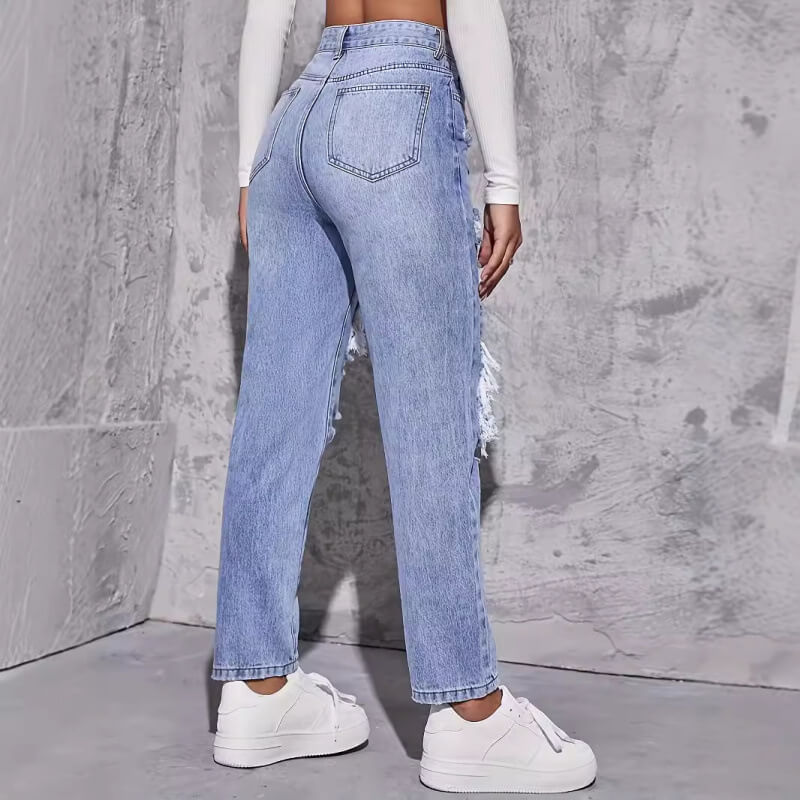 Damen hohe Taille Ripped Jeans - Distressed Denim Freizeitkleidung für stilvolle Frauen