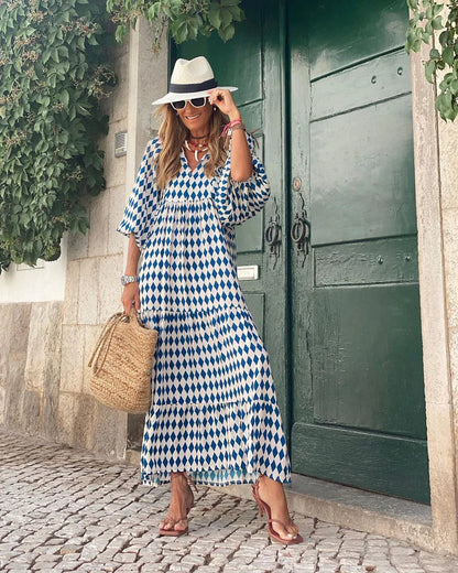 Livia | Geometrisches Kleid in Blau und Weiß