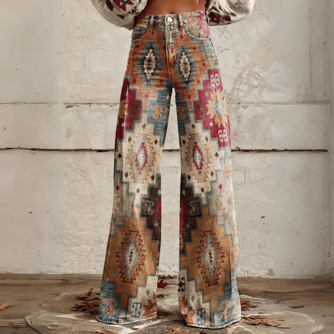 Damen Vintage Blumenweite Hose - Boho Denim mit weißem Blumenmuster