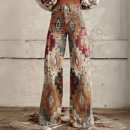 Damen Vintage Blumenweite Hose - Boho Denim mit weißem Blumenmuster