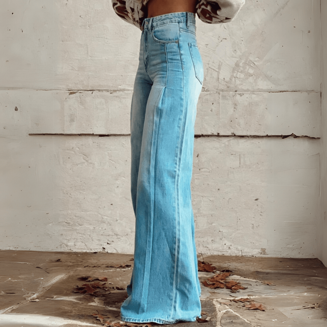 Damen Vintage Blumenweite Hose - Boho Denim mit weißem Blumenmuster