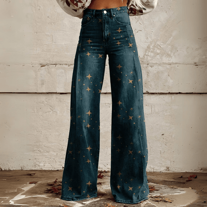 Damen Vintage Blumenweite Hose - Boho Denim mit weißem Blumenmuster