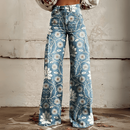 Damen Vintage Blumenweite Hose - Boho Denim mit weißem Blumenmuster